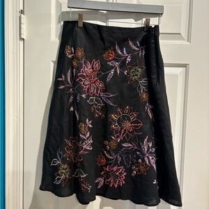 Anne Carson linen embroidered midi a-line skirt sz 12 black